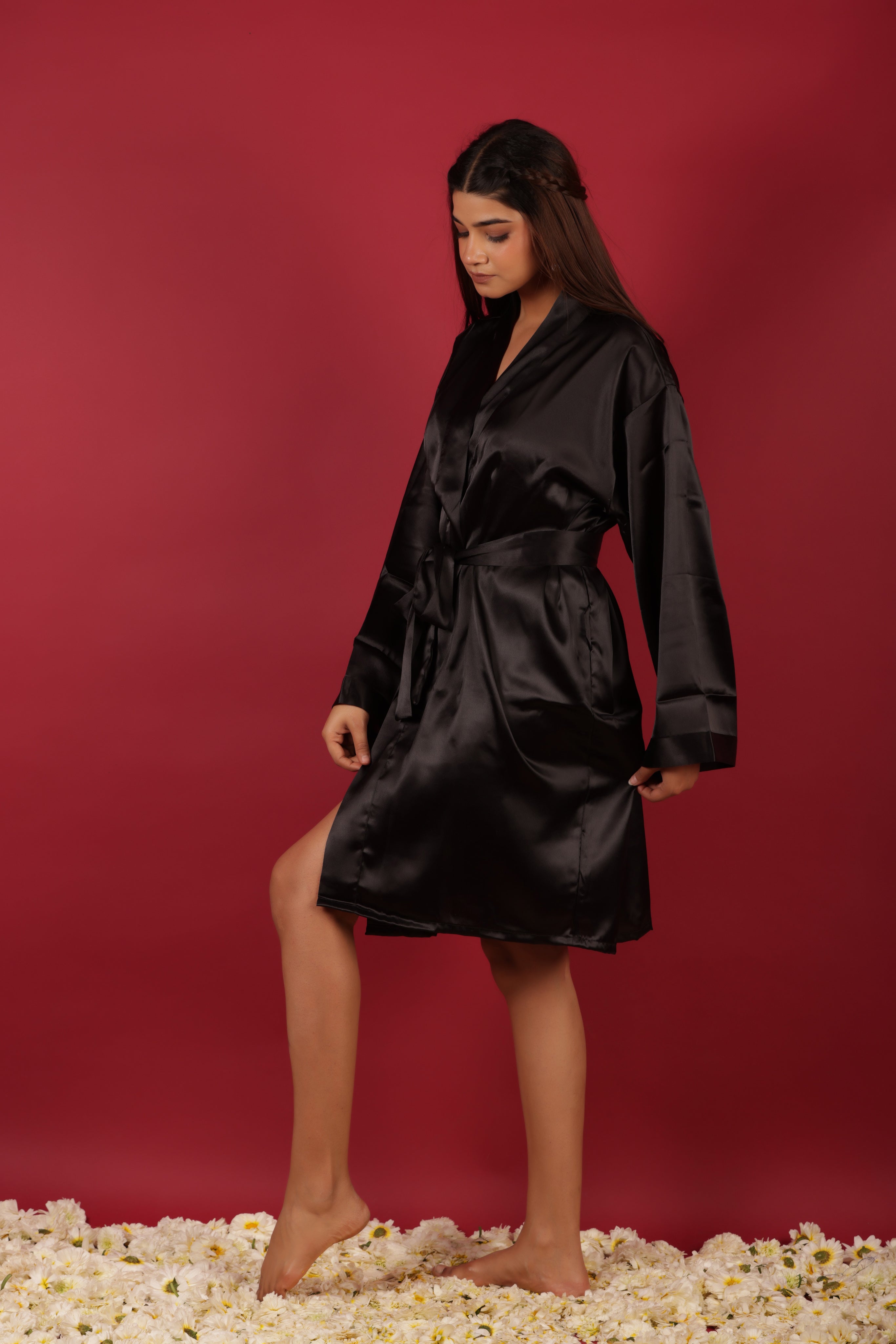 Black Satin Kimono Resort Dressing Gown Bathrobe For Her